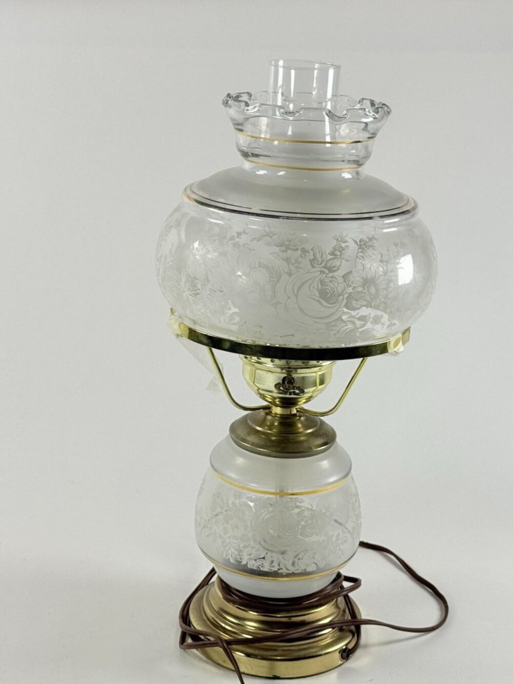 Vintage Electric Hurricane Clear Lamp Frosted Floral Glass Shade w/Gold Trim
